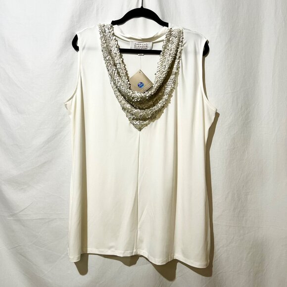 NWT American Glamour Badgley Mischka 2X Ivory Tank Top With Beige Sequin Cowl Nk - Picture 3 of 7